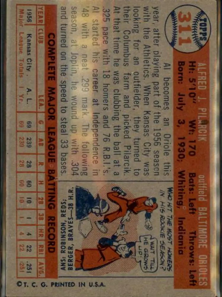 1957 Topps #311 Al Pilarcik - ( pk1 ) - Baltimore Orioles
