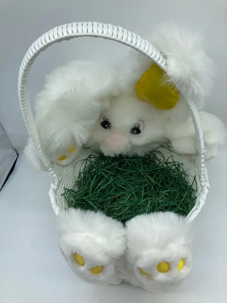 Vintage Easter Basket White Wicker plush bunny, White, Yellow