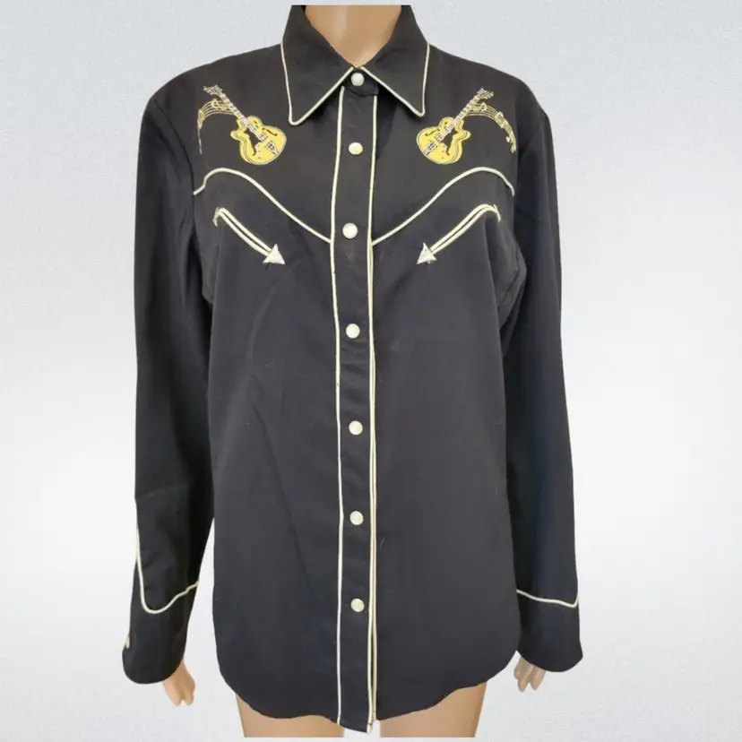 Vintage 80’s Scully Western Shirt Embroidered Guitars & Pink Cadillac Snap Close XL