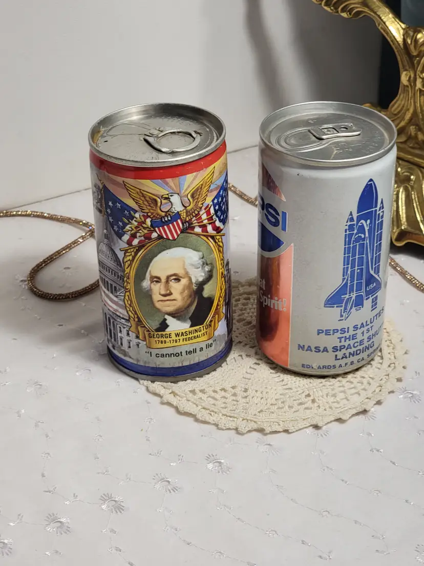 1981 collectible Pepsi Space Shuttle can and Lucky George Washington Presidential Beer