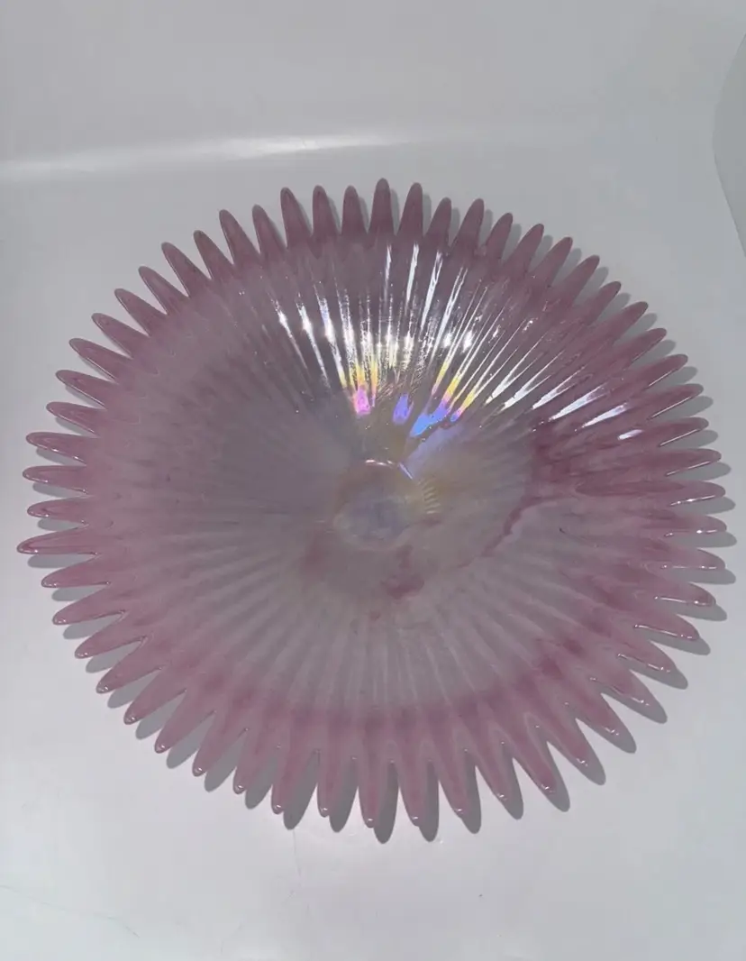 Vtg Lavorazione Arte Murano Italy Hand Blown Art Glass Bowl Opalescent Pink 10”