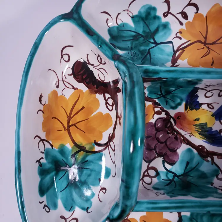 Vintage PV ITALY Hand Painted Bird Foliage Peasant Village Ceramic DIVIDED DISH