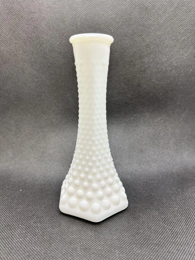 Vintage Milk Glass Bud Vase Marked E. O. Brody Co. 175 USA Fading Hobnail
