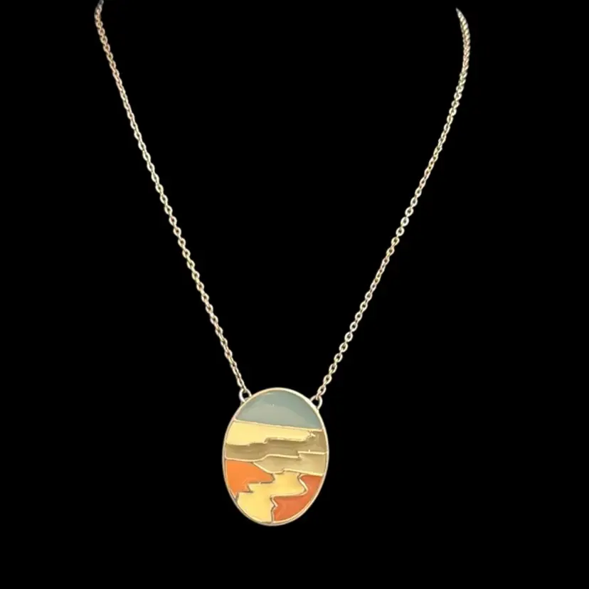 Vintage Sarah Coventry gold tone multicolor enamel oval pendant necklace