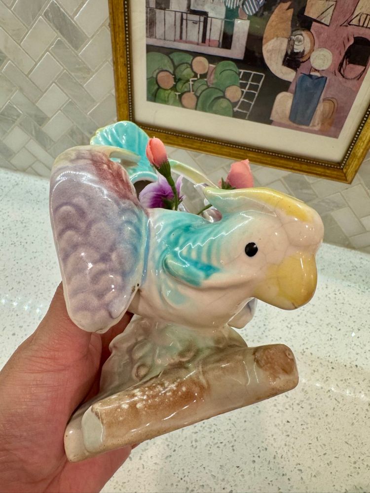 Vintage Pottery Wall Pocket Vase Multicolor hand painted Parrot Tropical Bird Planter MCM Majolica.