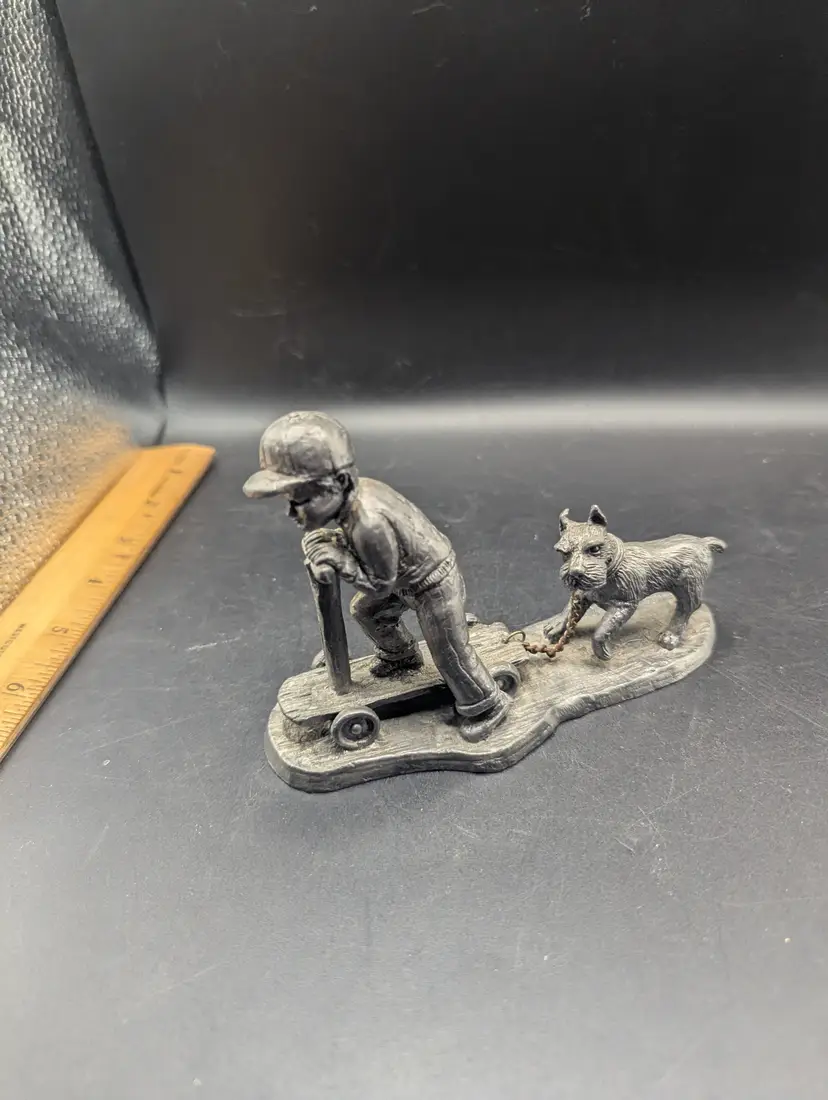 Michael Ricker Pewter Figurine Boy On Scooter With Dog Signed and Numbered 1319/2100