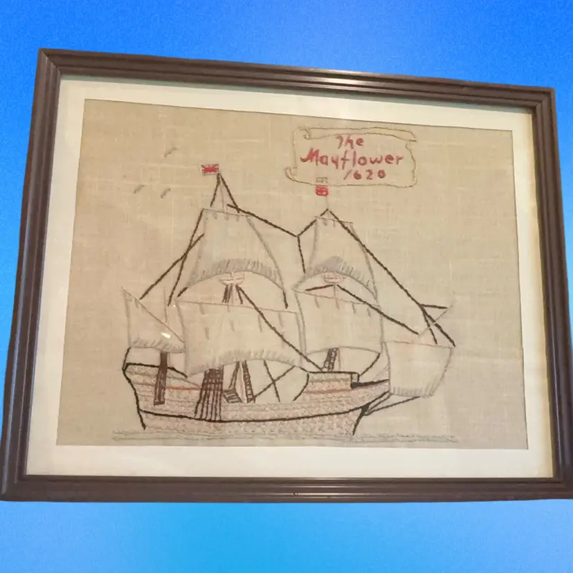 Embrodiered Cross Stitched "The Mayflower 1620" Framed