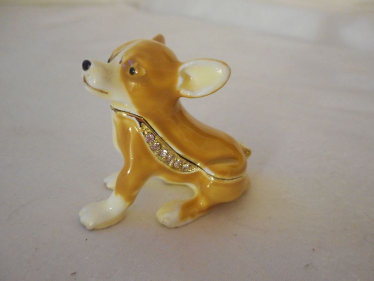 Chihuahua Dog Pewter Enamel Bejeweled Hinged Miniature Trinket Box EUC #8