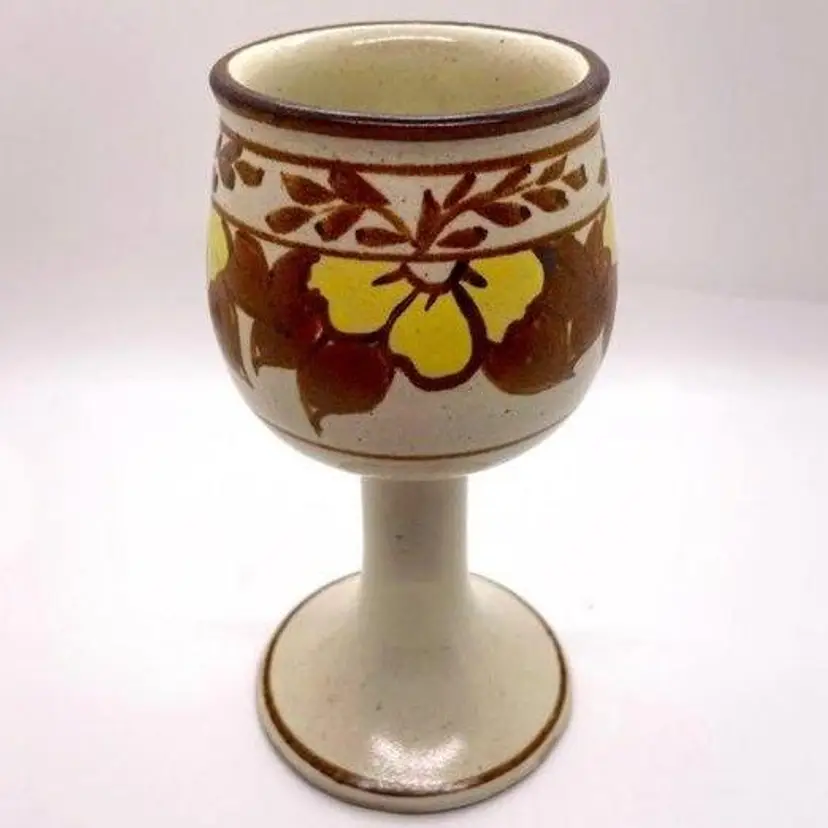 Vintage Studio Art Pottery Wine Glass Chalice Goblet Retro Yellow Flower Signed