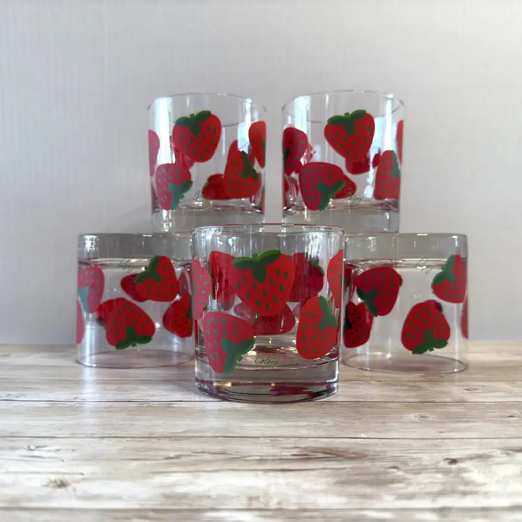 Vintage Set of 6 Colony Glass Red Strawberry 8oz Tumbler Lowball Rocks Glasses