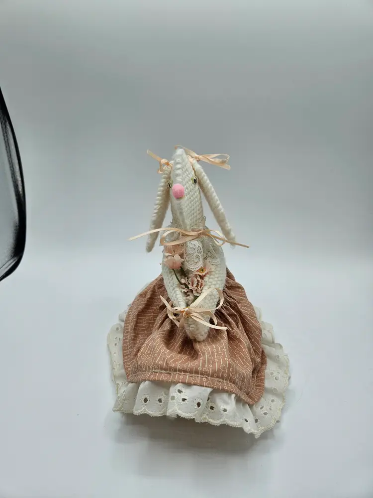 Handmade White Bunny w/Dress Plastic Canvas 7.5" x 7.5"