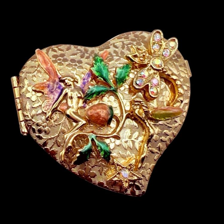 Kirks Folly Heart Mini Trinket Box Fairy Pixie Strawberry Dragonfly Star Gold Tone Signed On Bottom