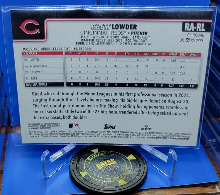 Rhett Lowder 2025 Topps Chrome On-Card Autograph RC #RA-RL Cincinnati Reds