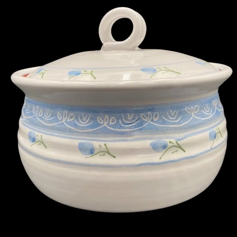 Vintage Handmade Red Clay Glazed Serving Dish/Lid, Blue Flowers, The Pottery, Dalton, PA