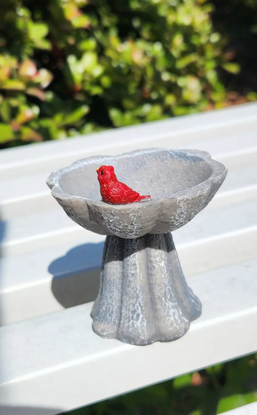 Birdbath With Cardinal Miniature Figurine 3"