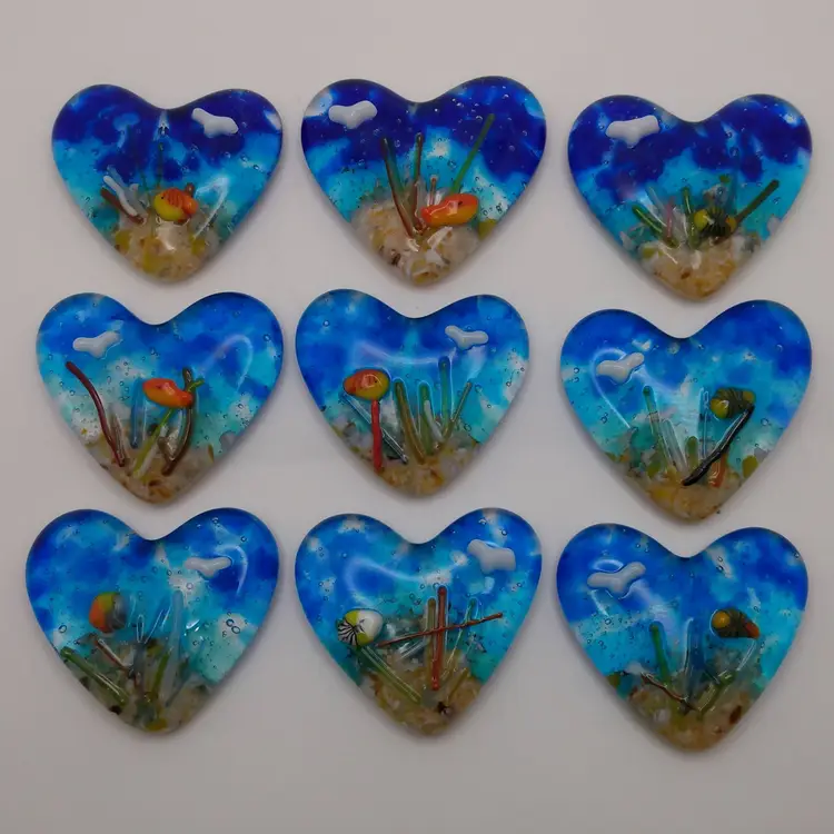 Made by Me! Fused Glass Pocket Heart 3D Ocean Beach Theme 1 3/4" Handcrafted Studio Art
