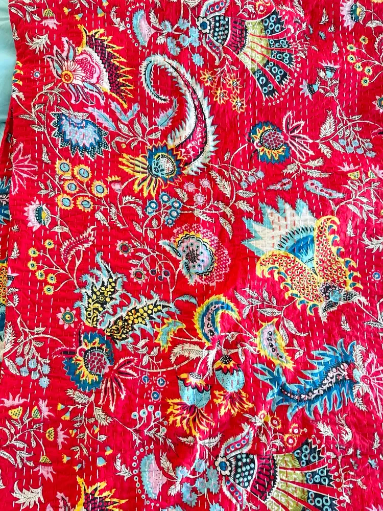 King Sized Kantha India Quilt Blanket Red 108"x108"