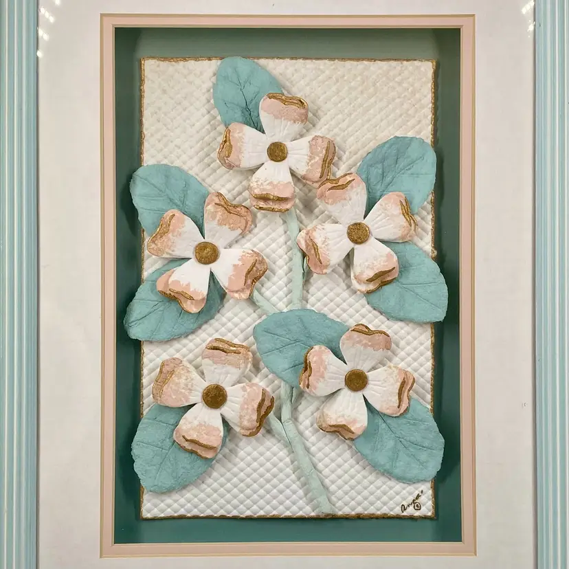 Artist Signed ANNA Wet Cast Paper DOGWOOD Flower HAND MADE 3D Framed VTG 80s Spring ART