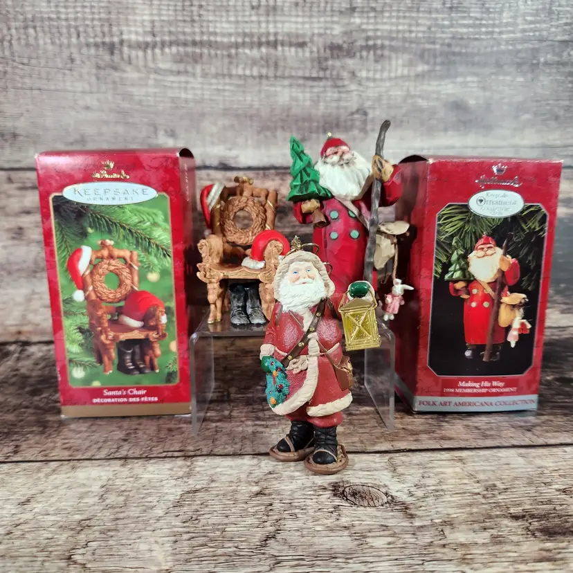 Set of 3 Rustic Woodland Santa Ornaments Hallmark Christmas Tree - 1990s Collectors Club w Box