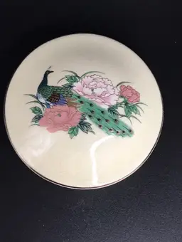 Vintage Trinket Dish With Lid Floral And Peacock Design Made In Japan