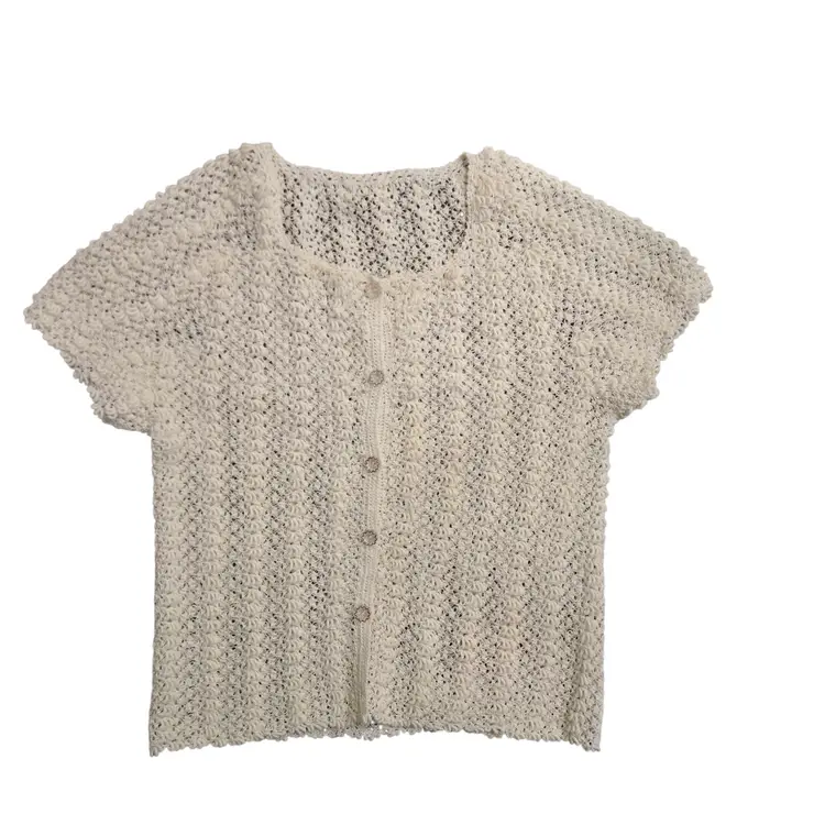 Vintage Women's Cream Sweater Hand Crochet Cardigan Size Small Boho Cottage