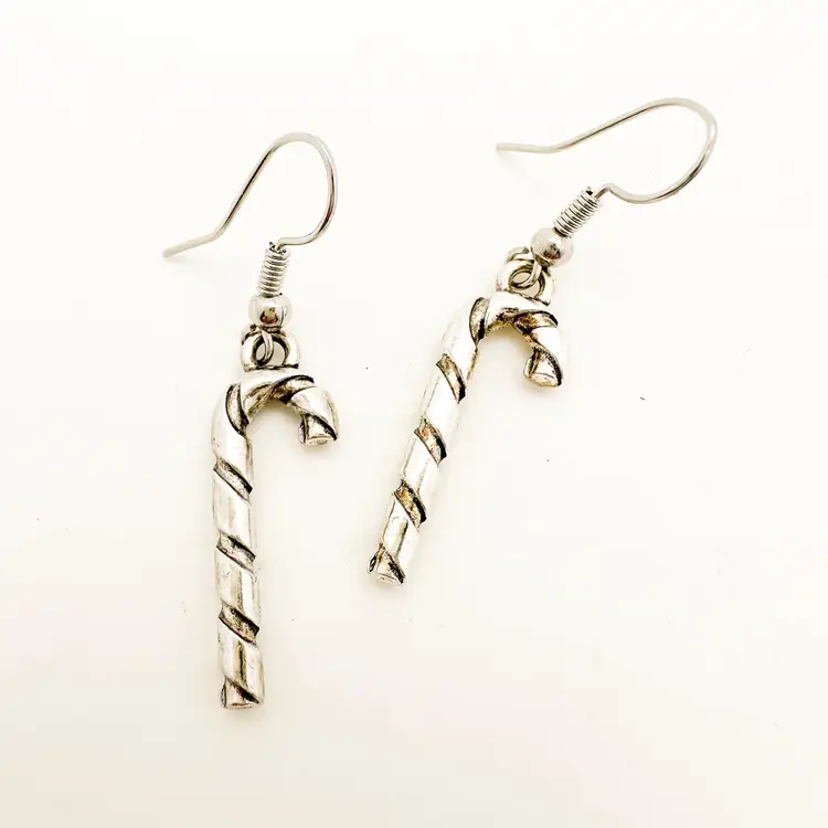 Candy Cane Earrings Silver Tone Pierced Christmas