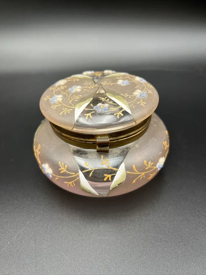 Antique Bohemian Moser Glass Pale Pink Peach Painted Enamel Ring Trinket Powder Box Jar