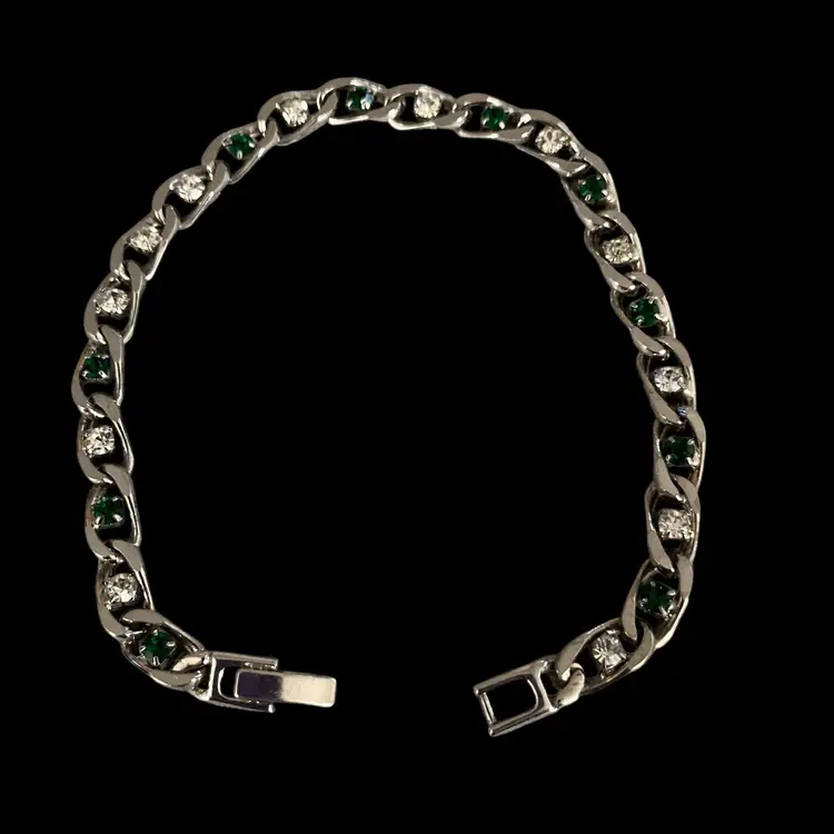 Silver Tone Bracelet Clear & Green Glass Stones