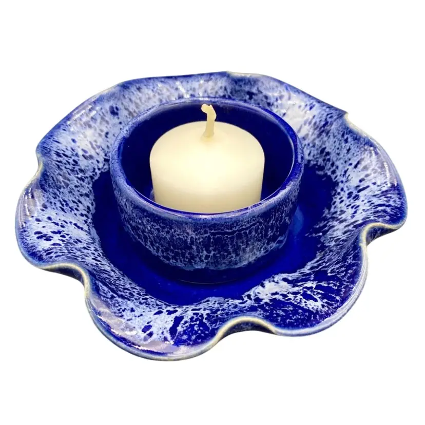 Latham Art Pottery 2-Piece Cobalt Blue Candle Holder: Cup & Ruffled Under Bowl