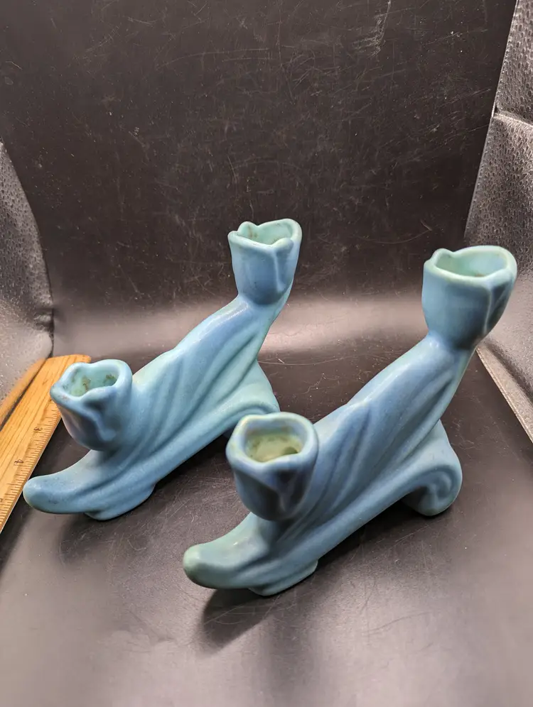 Vintage Van Briggle Art Pottery Double Candlesticks Tulip Design, Aqua Blue Teal, 6"w x 4.5"T