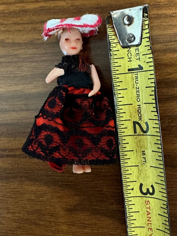 Vintage Miniature Plastic Doll with Handmade Clothing 2 1/2" Tall