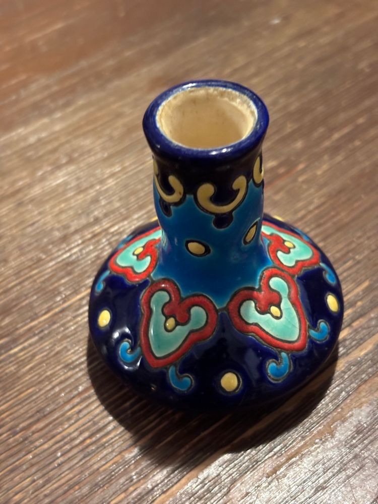 Longwy France Hand Painted RARE Enamelware Mini Bud Vase 2.75”