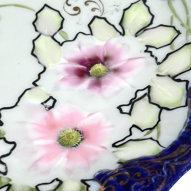 Antique? Nippon 10" Cobalt Blue Pink Flowers Hand Painted 1920s Plate