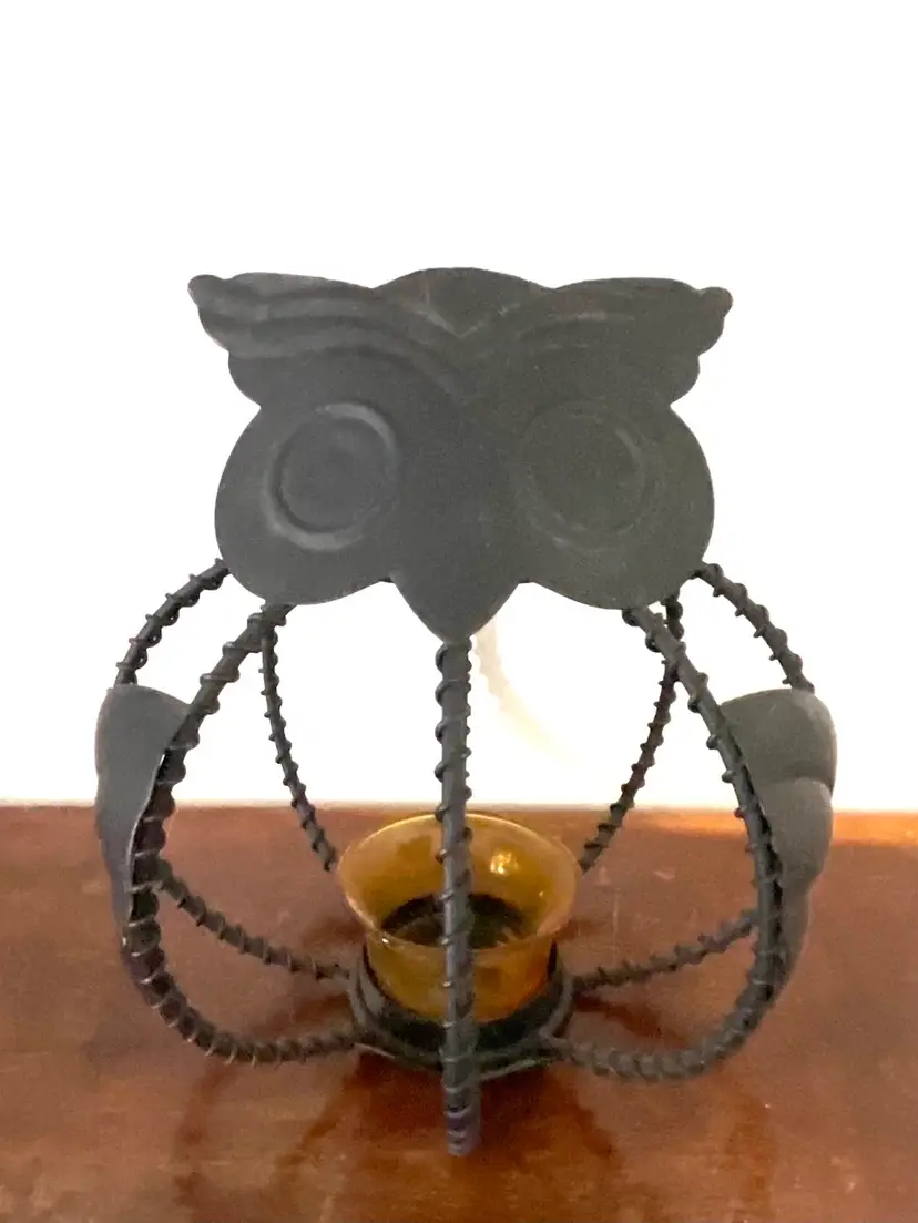 Metal Owl With Amber Colored Glass Tea light Candle Holder
