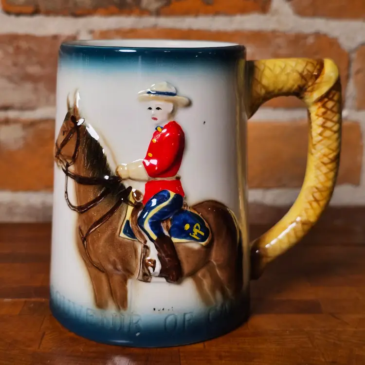 Vintage RCMP Mountie Mug Souvenir of Canada Relief Tankard Maple Leaf Ceramic