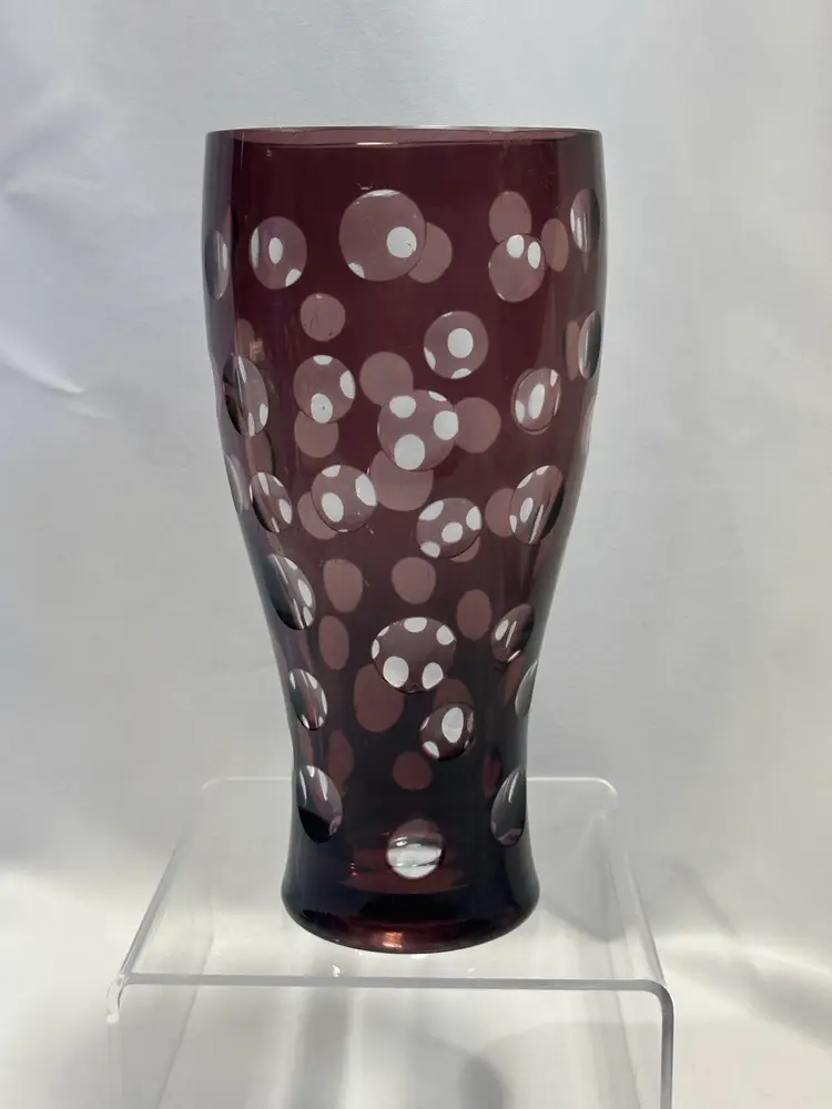 #1620 Czech Art Glass Polka Dot Amethyst Cut To Clear Bohemian Cranberry Glass Vase