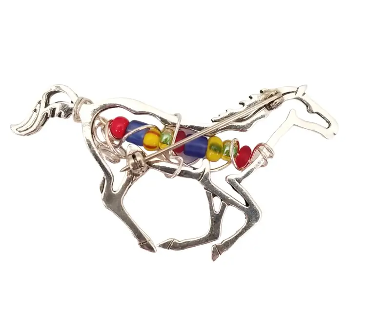 Sterling Silver Wired Glass Beaded Open Horse Brooch, Pin M639