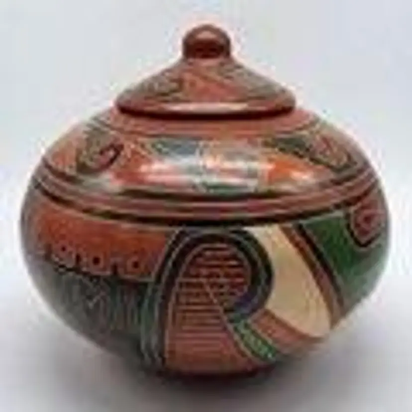 Handmade Signed Elias Boza Nicaraqua Orange & Green Art Pottery Covered Jar