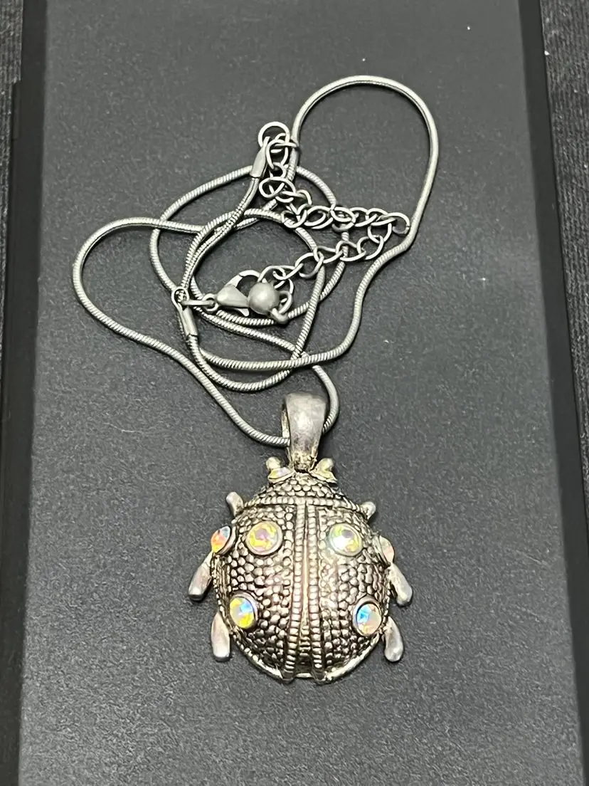 Vintage Textured Beetle Pendant On Silvertone Snake Chain 16-19”