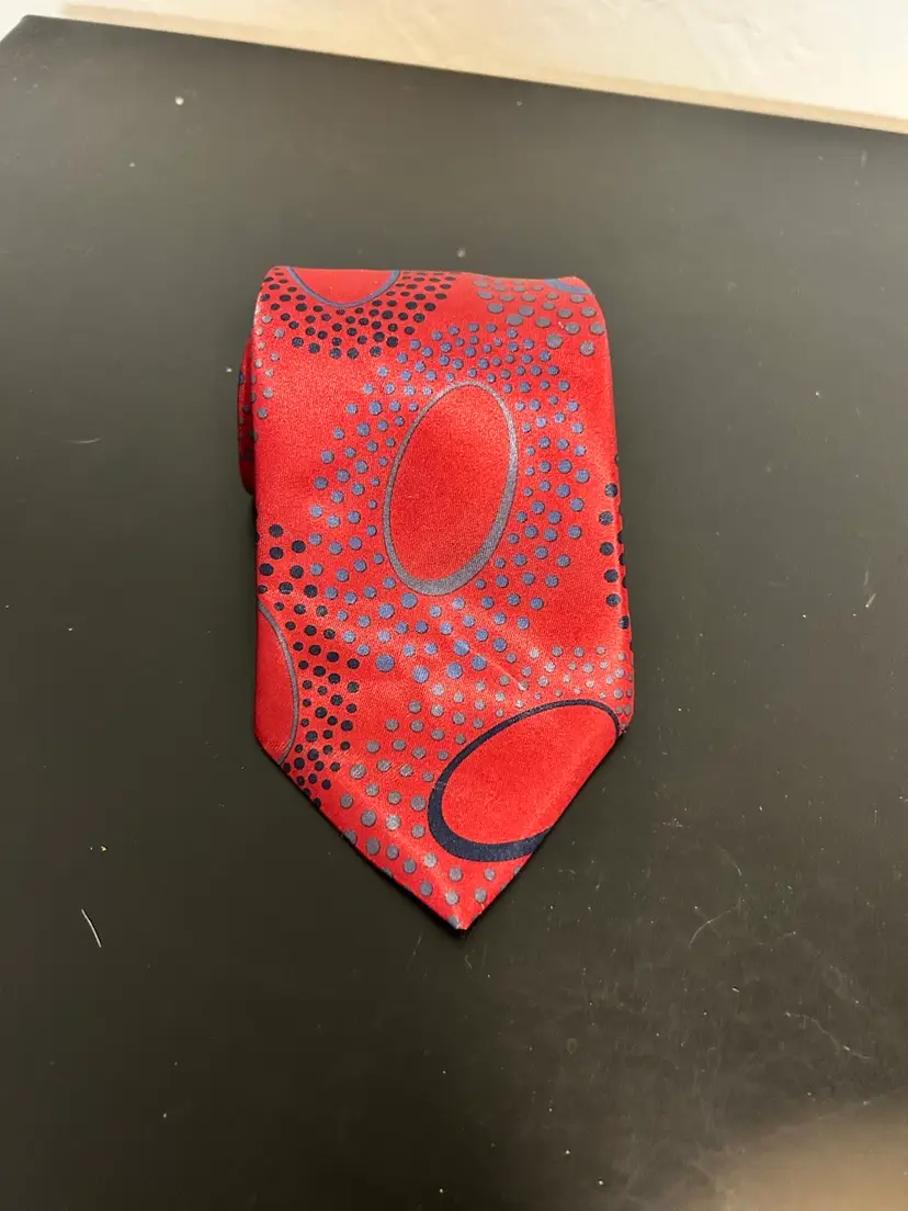 Vtg Pierre Cardin Tie Red Black Gray Circles Dots 70s Vibe