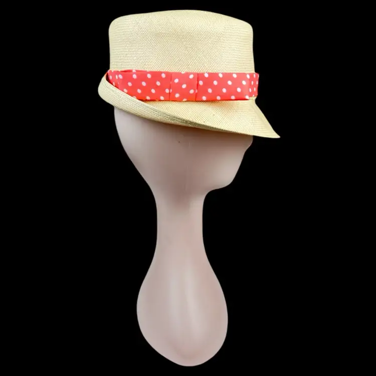 Vintage Natural Straw Fedora Hat Coral White Polka Dot Band 60s Union Made OS