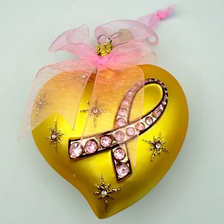 Pink Ribbon Glass Ornament Rhinestones Heart Breast Cancer Awareness 3 1/2 X 5"