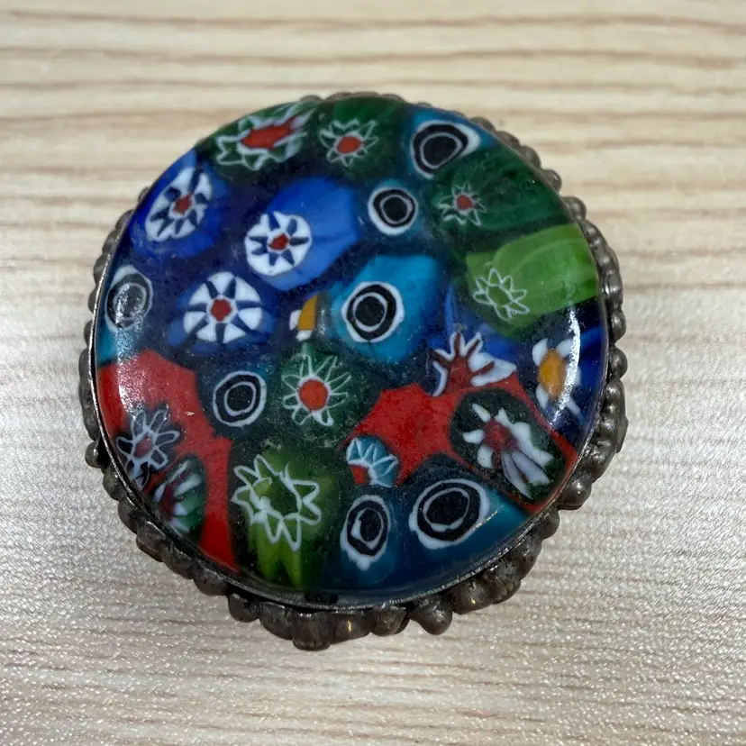 Millefiori and Silver Tone Round Pill Box Trinket Box