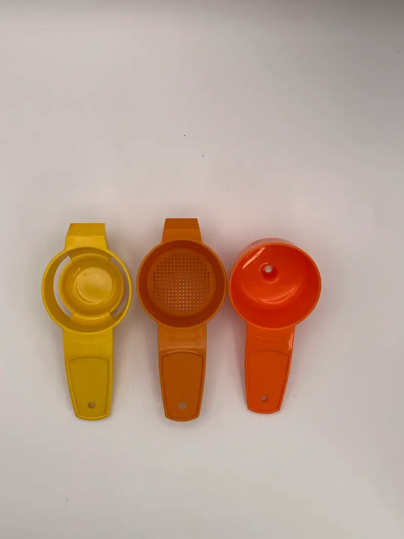 VTG Tupperware, three mini kitchen tools. Funnel, sifter or tea, leaf strainer, and egg separator. Yellow and orange.