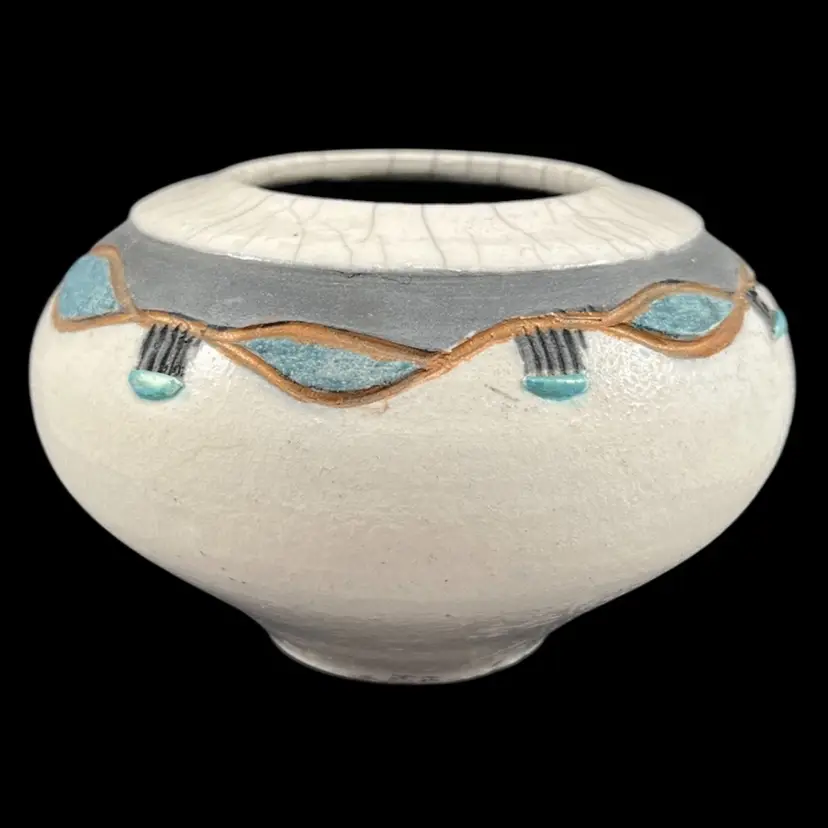 Raku Pottery Signed Lisa 1993 Vase, Handmade Raku Pottery Vase With White Crackle Glaze And Abstract Pattern, Handmade Ceramic Vase, Wheel Thrown Pottery