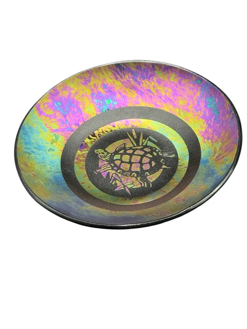 04. Black Glass Iridescent Turtle Bowl Signed