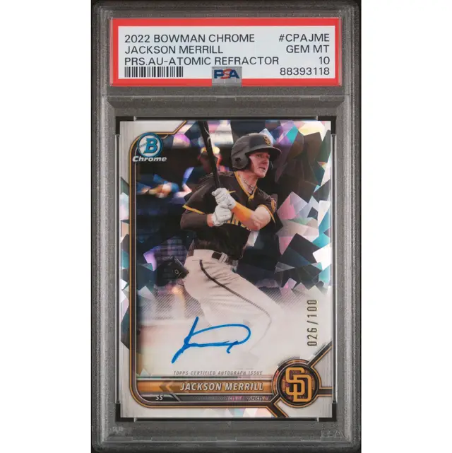 Jackson Merrill Bowman Chrome Atomic Refractor /100 PSA 10 San Diego Padres