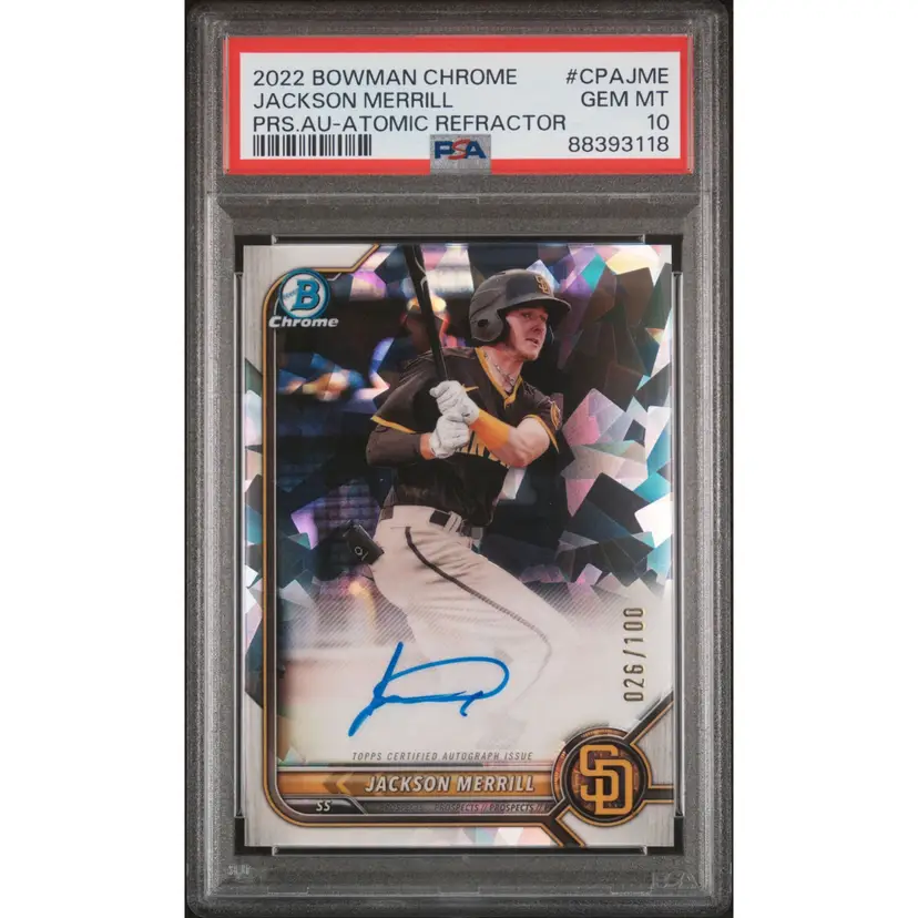 Jackson Merrill Bowman Chrome Atomic Refractor /100 PSA 10 San Diego Padres