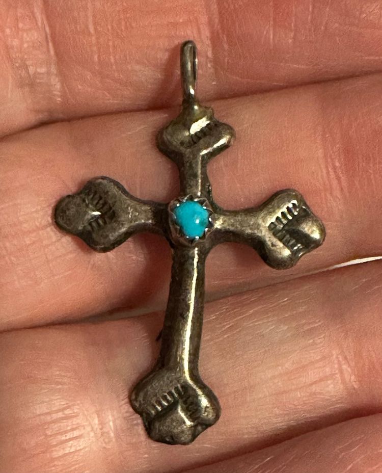 Navajo Native American Sterling Silver & Turquoise Crucifix Cross Pendant