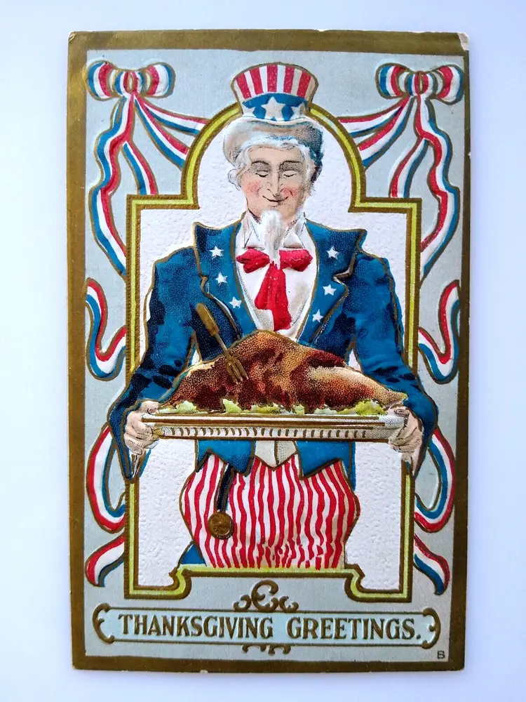 Uncle Sam Thanksgiving Greetings Postcard Patriotic Embossed Turkey Platter